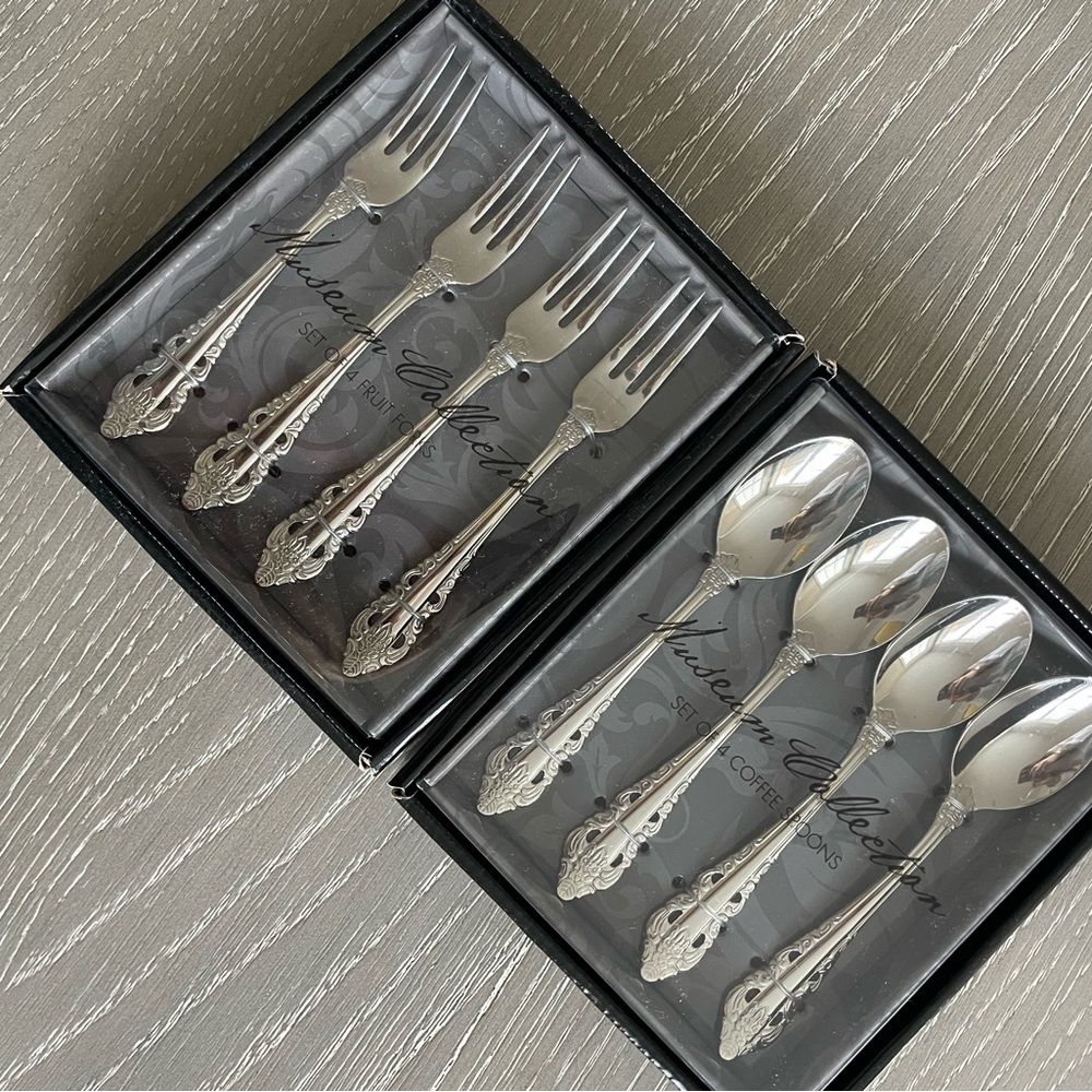 Stainless steel antique baroque fruit forks and coffee spoons
